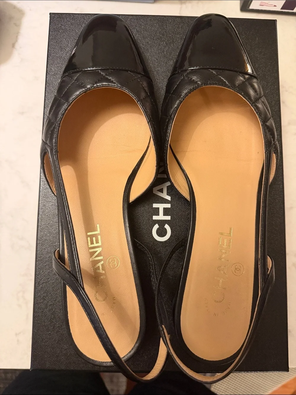 CHANEL Black Quilted Slingback Flats with Patent Leather Toe, sz 40.5